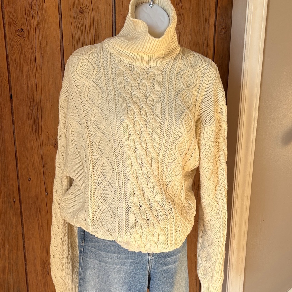 Vintage Kings Road Sears Cream Cable Knit Turtleneck Sweater